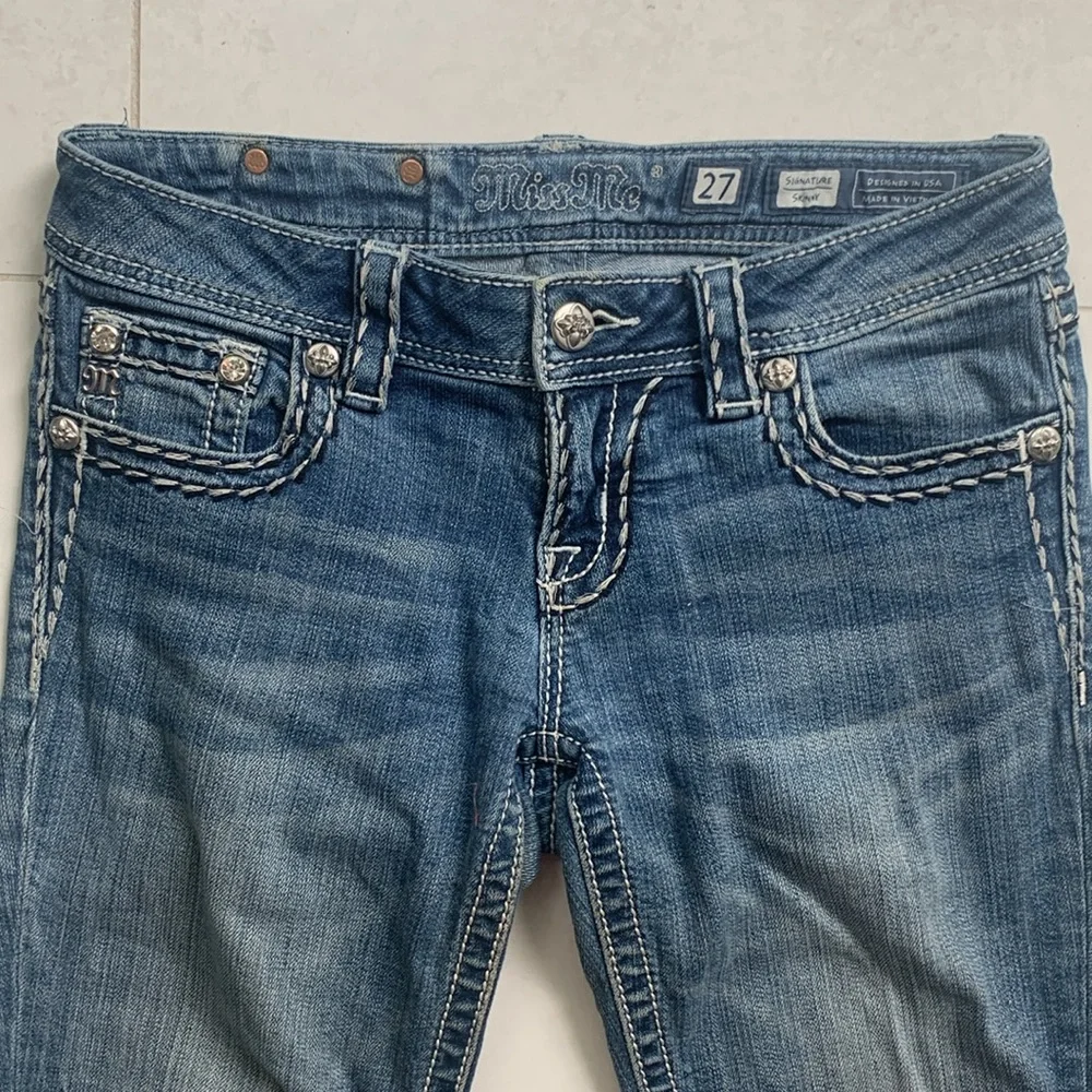 Signature skinny Miss Me med blue color jeans size 27 thick stitch low rise Y2K - Picture 2 of 12